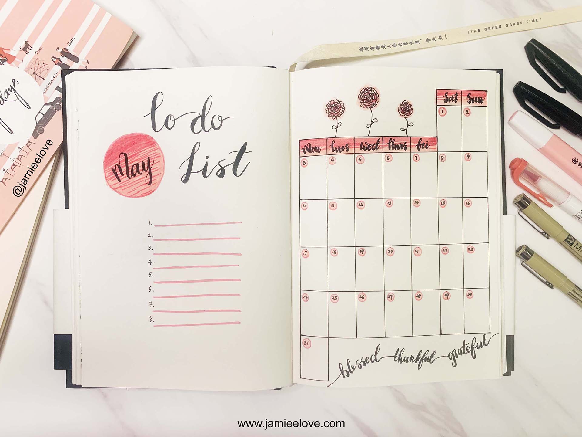 Gratitude Carnation Bullet Journal BUJO To Do List & Monthly Planner | 感恩康乃馨子弹笔记周计划